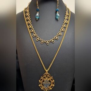#7. Vintage Hamsa  Gold and Blue Necklace and Earring Set
